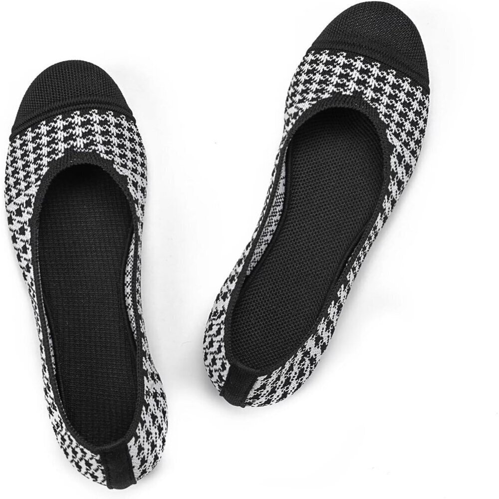 Frank Mully Women’s Black White Knit Fabric Round Toe Slip On Ballet Flat Shoes